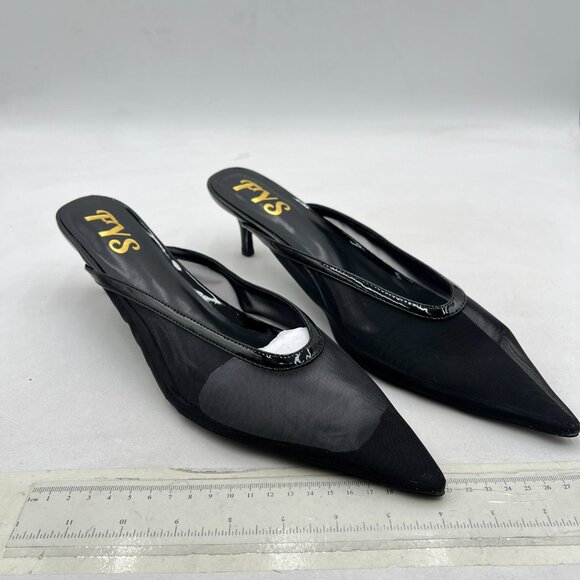 FYS Black Pointed Toe Mules Slip on Low Heels Formal Party Dance Shoes - Picture 3 of 7